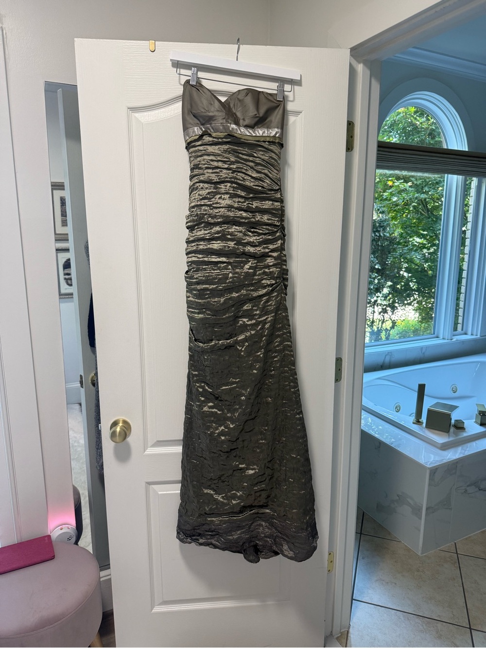 Nicole Miller Strapless Ruched Gown in Metallic Pewter